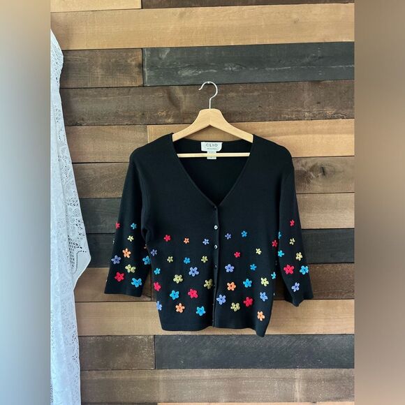Vintage 80s CLIO Petites Black Silk Colorful Floral Embroidered Cardigan Sweater - Picture 4 of 14